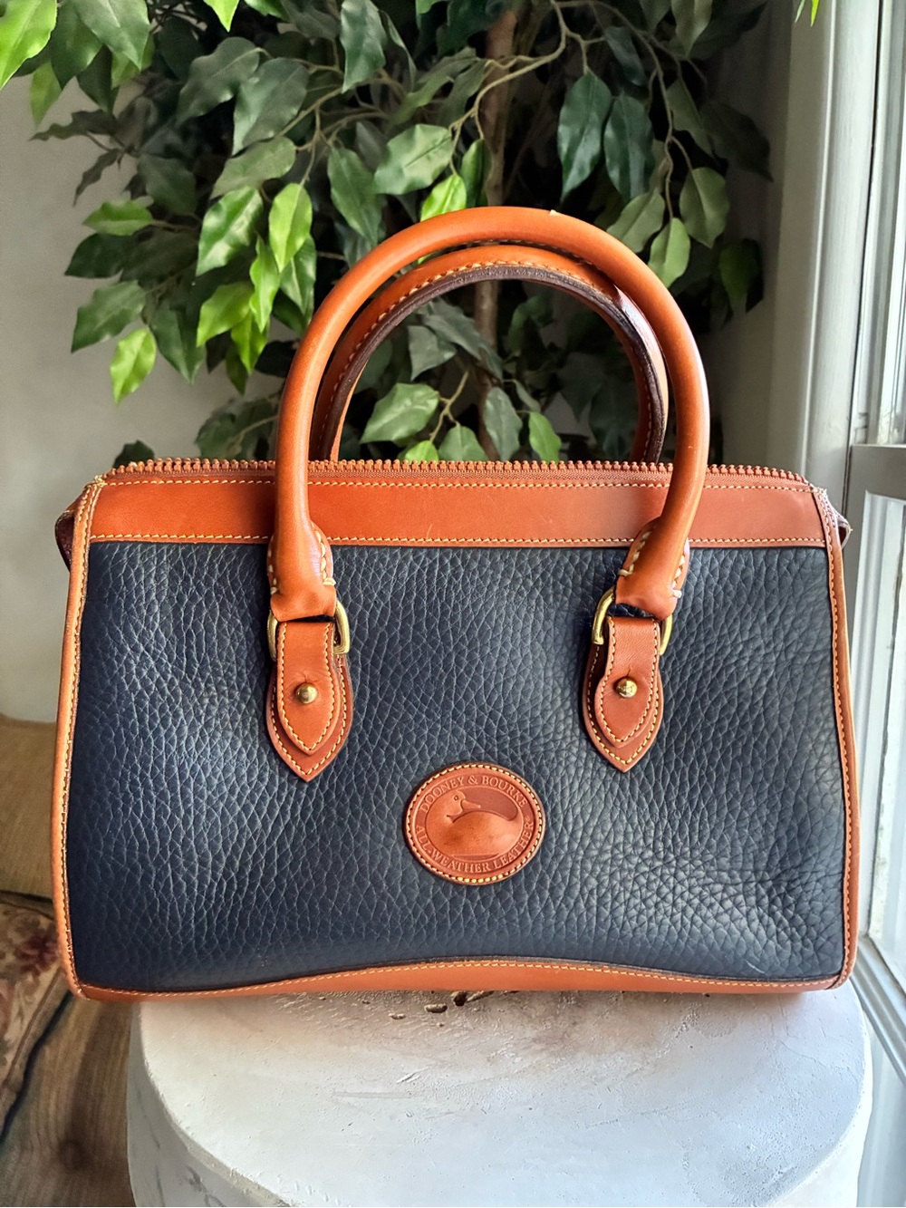 Vintage Dooney & Bourke AWL Equestrian Navy Leather Speedy Satchel 90s